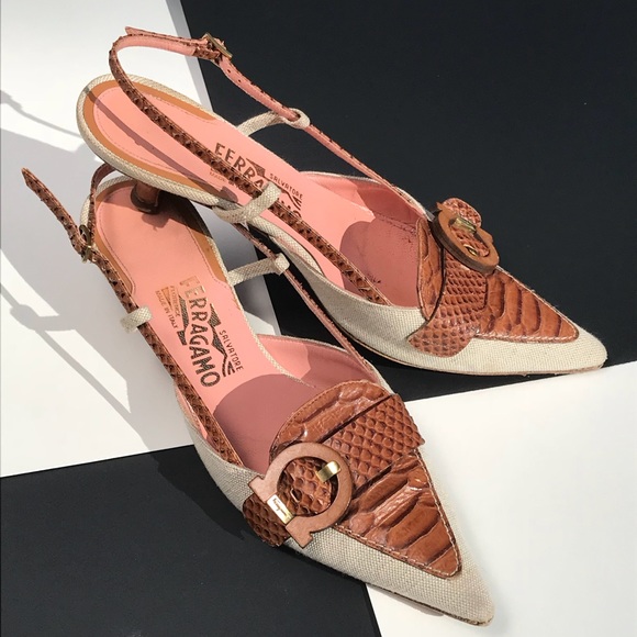 Ferragamo Snakeskin & Canvas Mules / Slingbacks - Picture 2 of 9